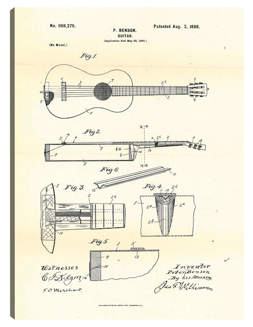 Cuadro decorativo Guitarra patentada, inventor: Peter Benson, 2 de agosto de 1898 técnica mixta Planos 1