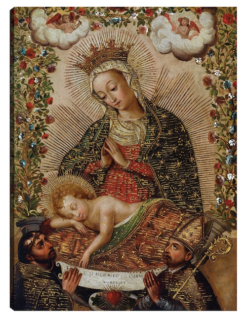 Cuadro decorativo La Virgen adorando al Niño Jesús con dos santos (siglo XVIII) técnica mixta Cuadros Jr Vírgenes