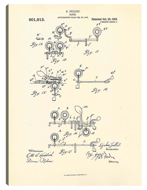 Cuadro decorativo Flauta patentada, inventora Djalma Julliot, 20 de octubre de 1909 III técnica mixta Planos 1