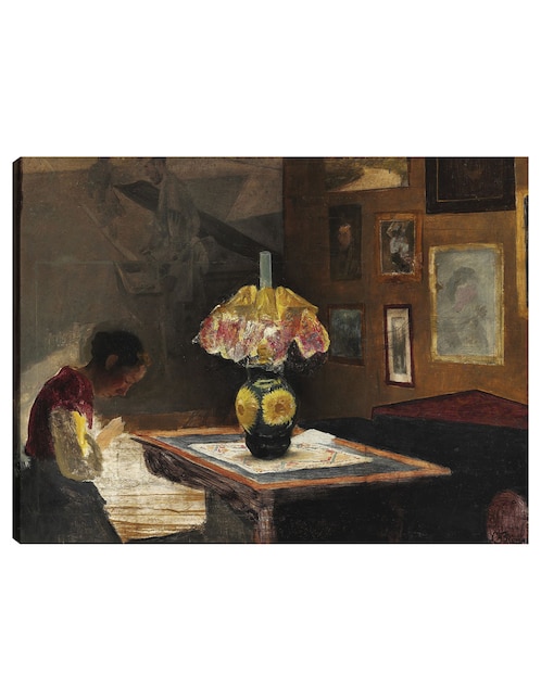 Cuadro decorativo Sigrid, la esposa del artista, cosiendo a la luz de una lámpara (1898) técnica mixta Cuadros Jr Arte