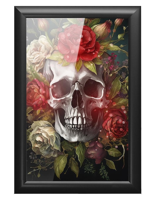 Cuadro decorativo Pixelarte calavera rosas