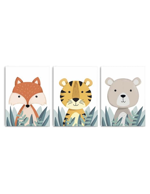 Cuadro decorativo Canvas Art set de tres animalitos infantiles con barniz a registro