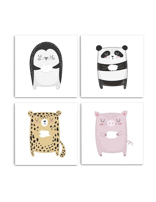Cuadro decorativo Canvas Art set de animalitos peculiares con barniz a registro