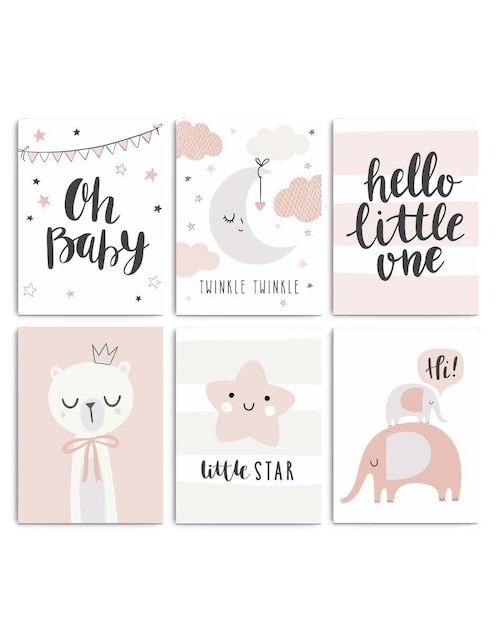 Cuadro decorativo Canvas Art bebé gatita, elefantita y estrella con barniz a registro