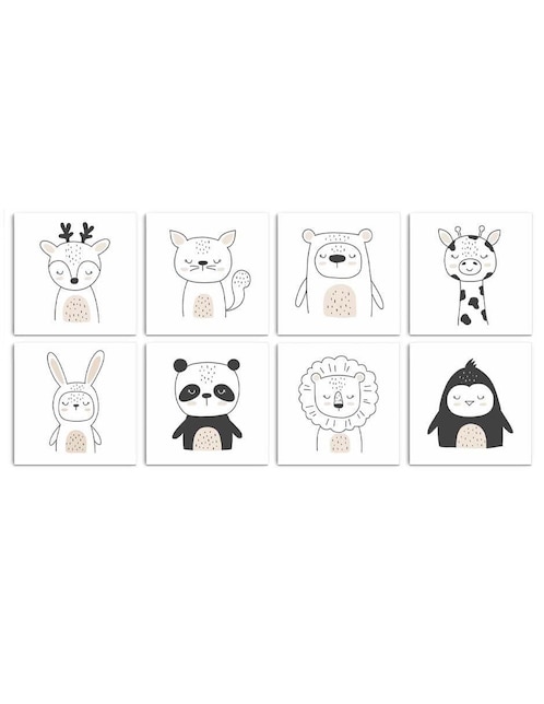 Cuadro decorativo canvas art set de animalitos tímidos con barniz a registro