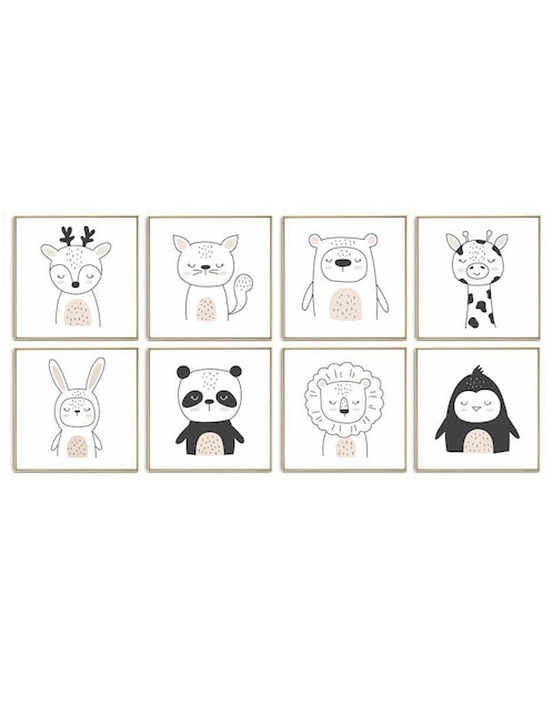 Cuadro decorativo set de animalitos tímidos con barniz a registro 1