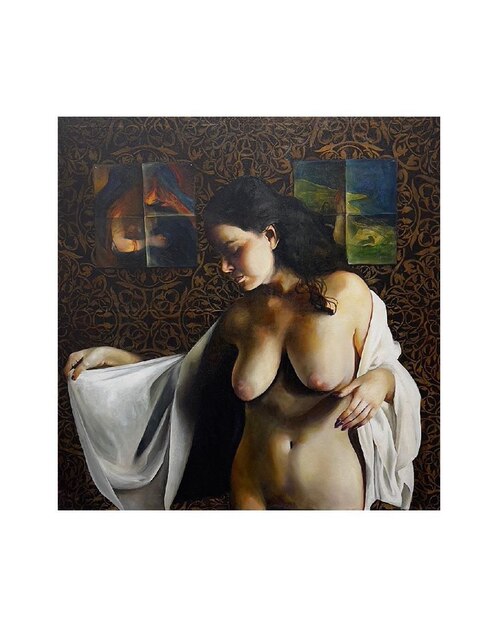 Pintura Susurro y melancolía técnica óleo Aguafuerte Galería Francisco Soriano