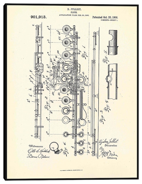 Cuadro decorativo Flauta patentada, inventora Djalma Julliot, 20 de octubre de 1909 I técnica mixta Cuadros Jr Planos
