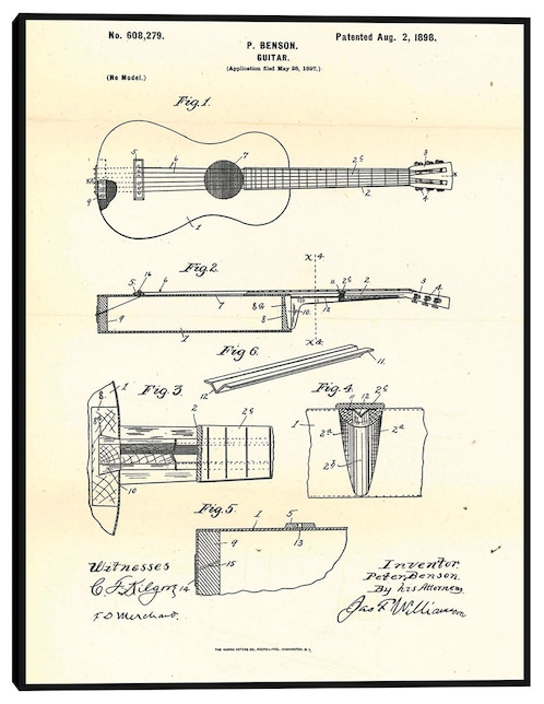 Cuadro decorativo Guitarra patentada, inventor: Peter Benson, 2 de agosto de 1898 técnica mixta Planos 1