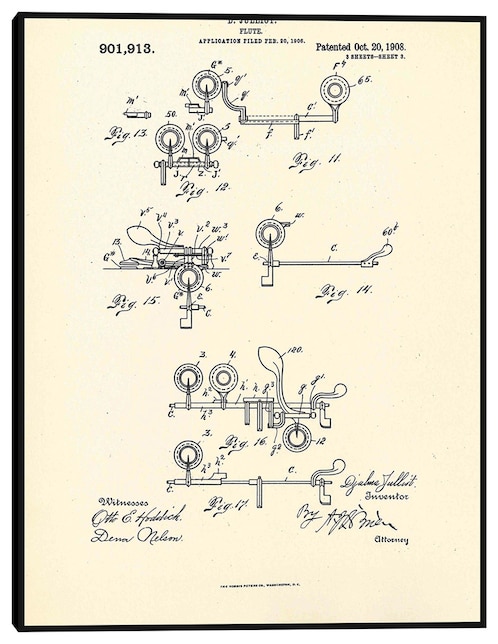 Cuadro decorativo Flauta patentada, inventora Djalma Julliot, 20 de octubre de 1909 III técnica mixta Planos 1