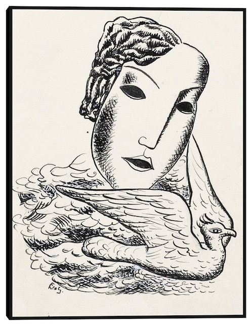 Cuadro decorativo Cabeza de mujer con pájaro (1935) técnica mixta Bocetos 1