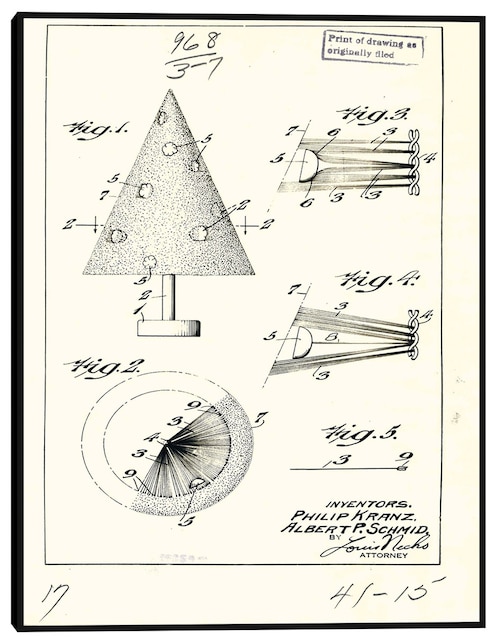 Cuadro decorativo Árbol de Navidad artificial patentado, inventor(es): Phillip Kraz y Albert P. Schmid. técnica mixta Cuadros Jr Planos