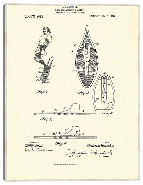 Cuadro decorativo Zapato Patentado Para Danza Artística, Inventor Frederick Henschel, 2 De Diciembre De 1913 técnica mixta Planos 1