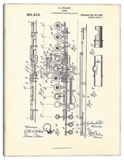 Cuadro decorativo Flauta Patentada, Inventora Djalma Julliot, 20 De Octubre De 1909 I técnica mixta Cuadros Jr Planos
