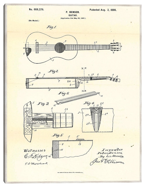 Cuadro decorativo Guitarra Patentada, Inventor: Peter Benson, 2 De Agosto De 1898 técnica mixta Cuadros Jr Planos