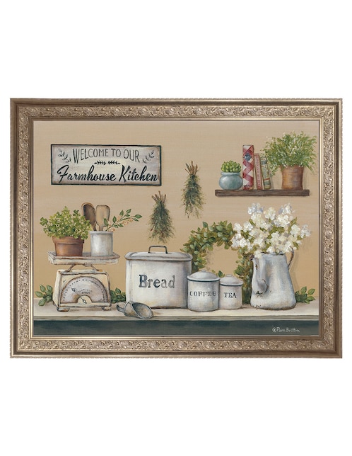 Cuadro decorativo enmarcado- cocina de granja con jardín de pam britton técnica mixta 1