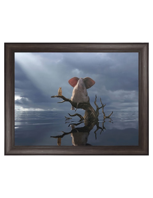 Cuadro decorativo Elefante y perro sentados en un árbol huyendo de una inundación de Mike Kiev técnica mixta Cuadros Jr