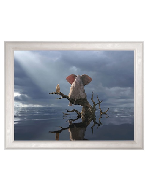 Cuadro decorativo Elefante y perro sentados en un árbol huyendo de una inundación de Mike Kiev técnica mixta 1