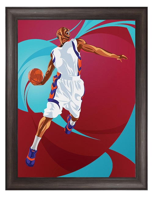 Cuadro decorativo enmarcado- clavada de baloncesto de nikita abakumov técnica mixta 1