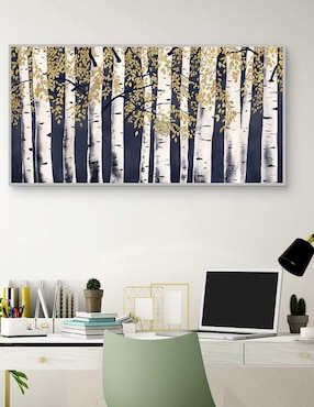 Pintura Fresco bosque añil dorado técnica mixta Cuadros Jr