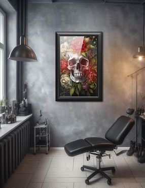 Cuadro decorativo Pixelarte calavera rosas