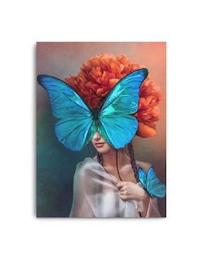 Cuadro decorativo Canvas Art Mujer con mariposa azul con barniz a registro
