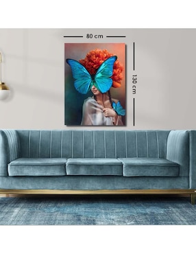 Cuadro decorativo Canvas Art Mujer con mariposa azul con barniz a registro