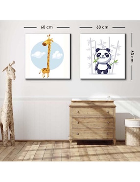 Cuadro decorativo Canvas Art set de jirafa y oso panda con barniz a registro