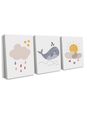 Cuadro decorativo Canvas Art set de ballenita, sol y nubes en gris infantil con barniz a registro