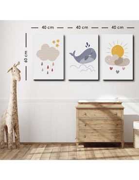 Cuadro decorativo Canvas Art set de ballenita, sol y nubes en gris infantil con barniz a registro