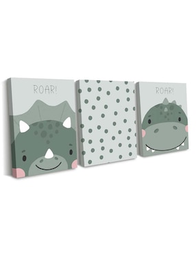 Cuadro decorativo Canvas Art set de dinosaurios traviesos en verde con barniz a registro