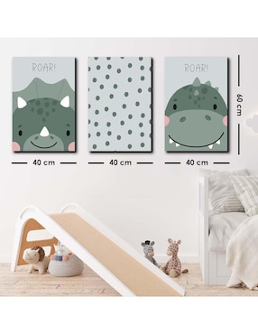Cuadro decorativo Canvas Art set de dinosaurios traviesos en verde con barniz a registro