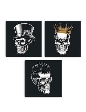 Cuadro decorativo Canvas Art set de calaveras estilo glam con barniz a registro