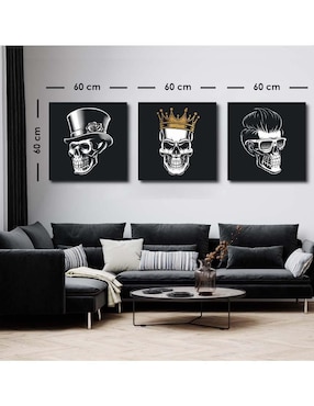 Cuadro decorativo Canvas Art set de calaveras estilo glam con barniz a registro