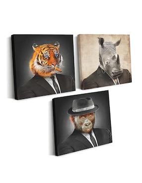 Cuadro decorativo Canvas Art set de animales serios con traje con barniz a registro