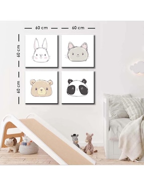 Cuadro decorativo Canvas Art set de animales caricatura amigables con barniz a registro
