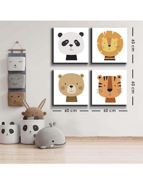 Cuadro decorativo Canvas Art set de animales caricaturizados con barniz a registro