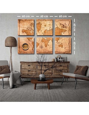 Cuadro decorativo Canvas Art mapa mundi vintage con barniz a registro