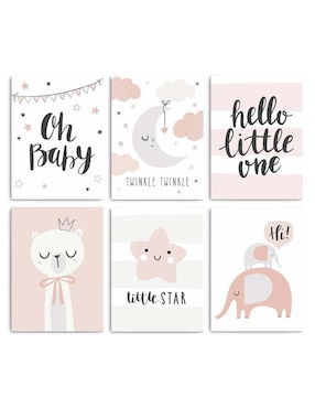 Cuadro decorativo Canvas Art bebé gatita, elefantita y estrella con barniz a registro