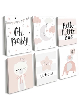Cuadro decorativo Canvas Art bebé gatita, elefantita y estrella con barniz a registro