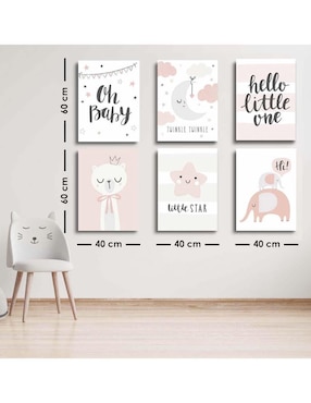 Cuadro decorativo Canvas Art bebé gatita, elefantita y estrella con barniz a registro