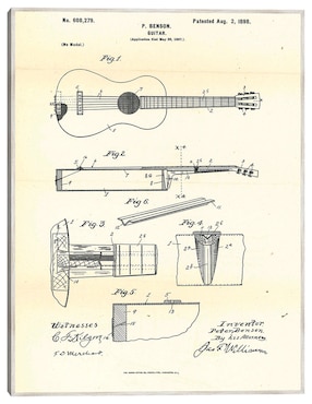 Cuadro decorativo Guitarra Patentada, Inventor: Peter Benson, 2 De Agosto De 1898 técnica mixta Cuadros Jr Planos