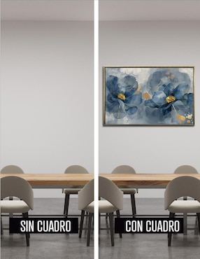 Pintura cuadro decorativo con marco oro flores Amapola azul turquesa Canvas textura oleo técnica polioleo Ideas Creativas in Premium