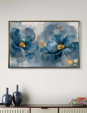 Pintura cuadro decorativo con marco oro flores Amapola azul turquesa Canvas textura oleo técnica polioleo Ideas Creativas in Premium