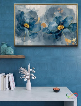 Pintura cuadro decorativo con marco oro flores Amapola azul turquesa Canvas textura oleo técnica polioleo Ideas Creativas in Premium