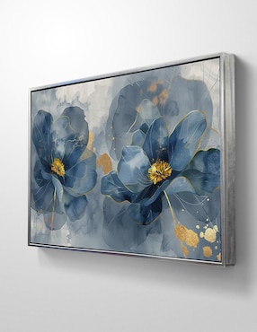 Pintura cuadro decorativo con marco plata flores amapola azul turquesa canvas textura oleo técnica polioleo Ideas Creativas in Premium