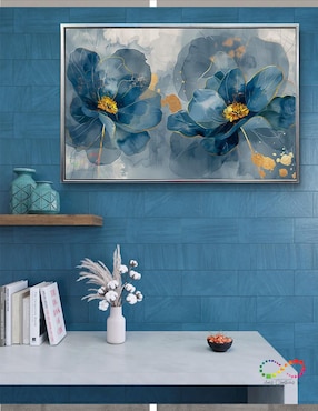 Pintura cuadro decorativo con marco plata flores amapola azul turquesa canvas textura oleo técnica polioleo Ideas Creativas in Premium