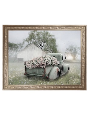Cuadro decorativo Camioneta verde con petunias rosadas de Lori Deiter técnica mixta Cuadros Jr
