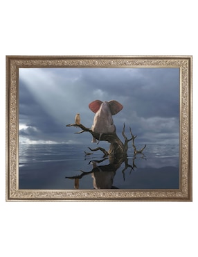 Cuadro decorativo Elefante y perro sentados en un árbol huyendo de una inundación de Mike Kiev técnica mixta Cuadros Jr