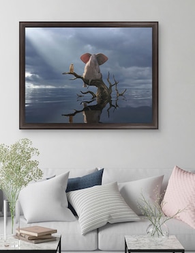 Cuadro decorativo Elefante y perro sentados en un árbol huyendo de una inundación de Mike Kiev técnica mixta Cuadros Jr